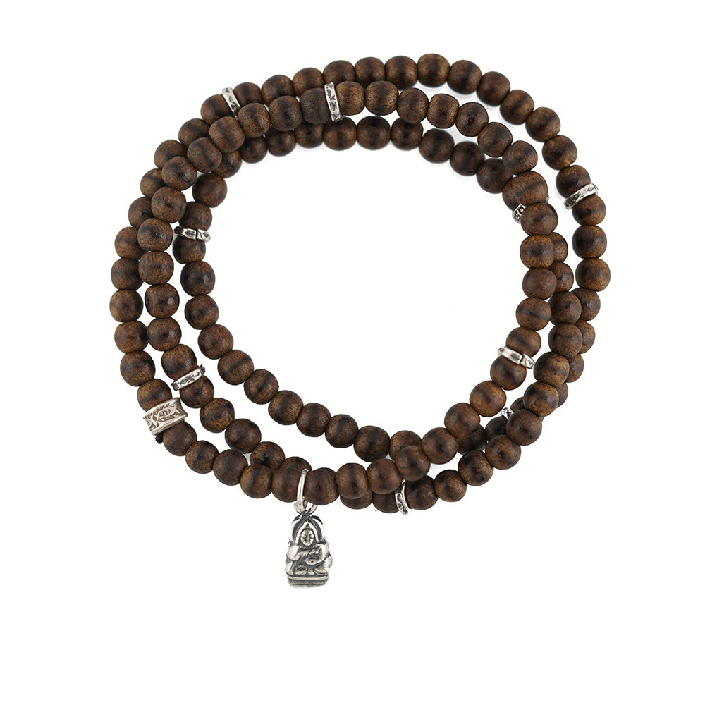 Buddha Wood Blessing - Mini Buddha and Agarwood Beads Bracelet with Silver Accents